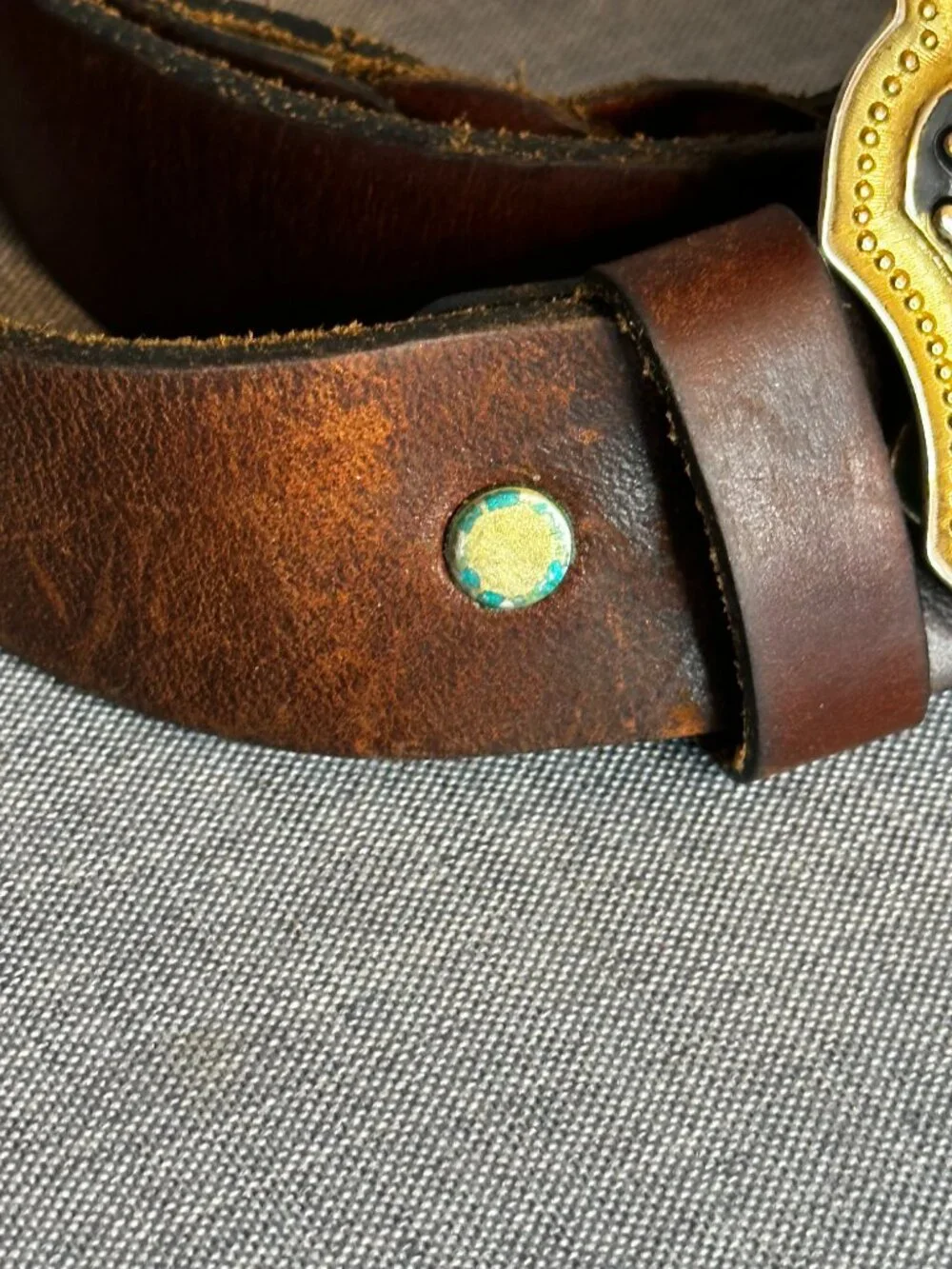 Gold stone brass Western Belt Buckle brown Leather braided cowboy rodeo 38-42